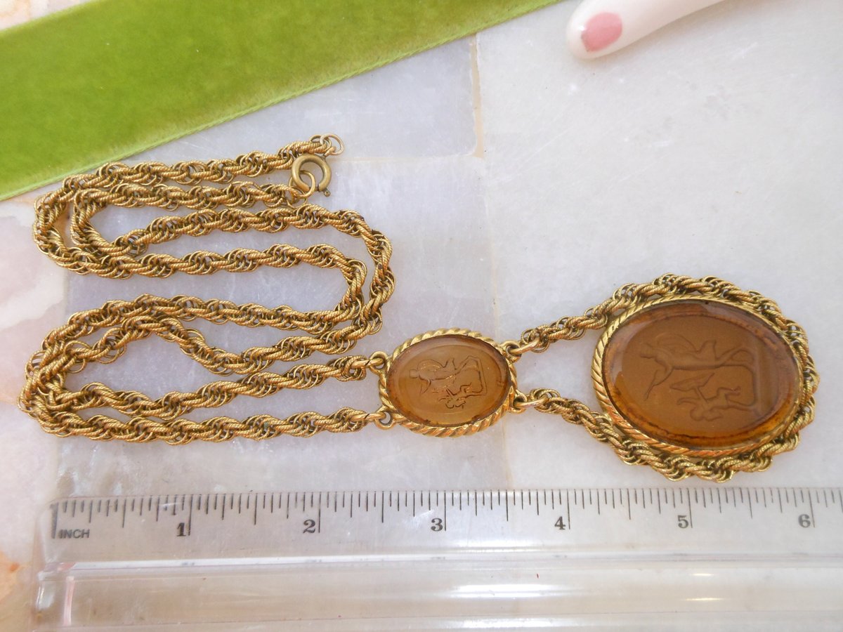 Vintage GOLDETTE Necklace Double Cameo Pendant Glass Intaglio Victorian Revival Designer Jewelry Gift Mid Century, VivianJoel.com