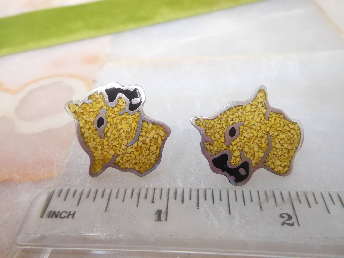 Vintage Sterling Silver Mosaic Earrings ALIA Panther Tiger Post Pierced Cat Designer Mexico 925 Mid Century, VivianJoel.com