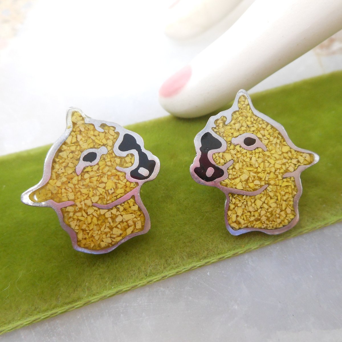 Vintage Sterling Silver Mosaic Earrings ALIA Panther Tiger Post Pierced Cat Designer Mexico 925 Mid Century, VivianJoel.com