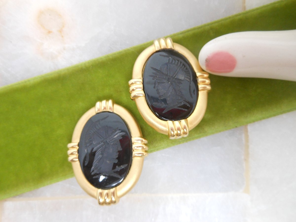 Vintage KAREL Sterling Silver Earrings Etruscan Onyx Intaglio Cameo Gold Fill 925 Vermiel Clip On Designer Jewelry Gift,  VivianJoel.com
