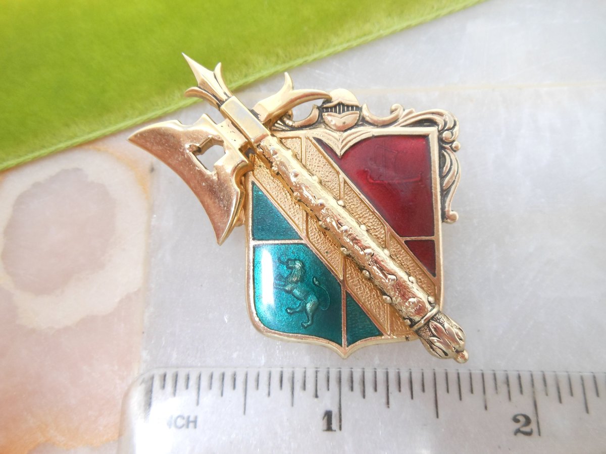 Vintage Heraldic Shield Pin Enamel Brooch Ornate Griffin Lion Ship Axe Victorian Revival Coat of Arms Jewelry Mid Century, VivianJoel.com