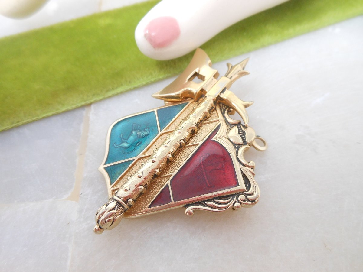 Vintage Heraldic Shield Pin Enamel Brooch Ornate Griffin Lion Ship Axe Victorian Revival Coat of Arms Jewelry Mid Century, VivianJoel.com