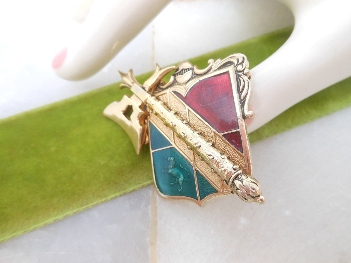 Vintage Heraldic Shield Pin Enamel Brooch Ornate Griffin Lion Ship Axe Victorian Revival Coat of Arms Jewelry Mid Century, VivianJoel.com