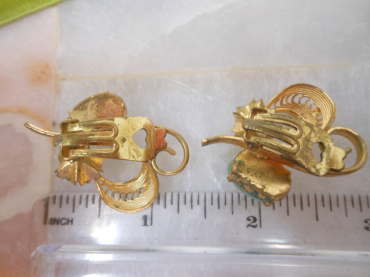 Vintage WEST GERMANY Peking Green Glass Earrings Filigree Pearl Designer Clip On Mid Century Jewelry Gift, VivianJoel.com