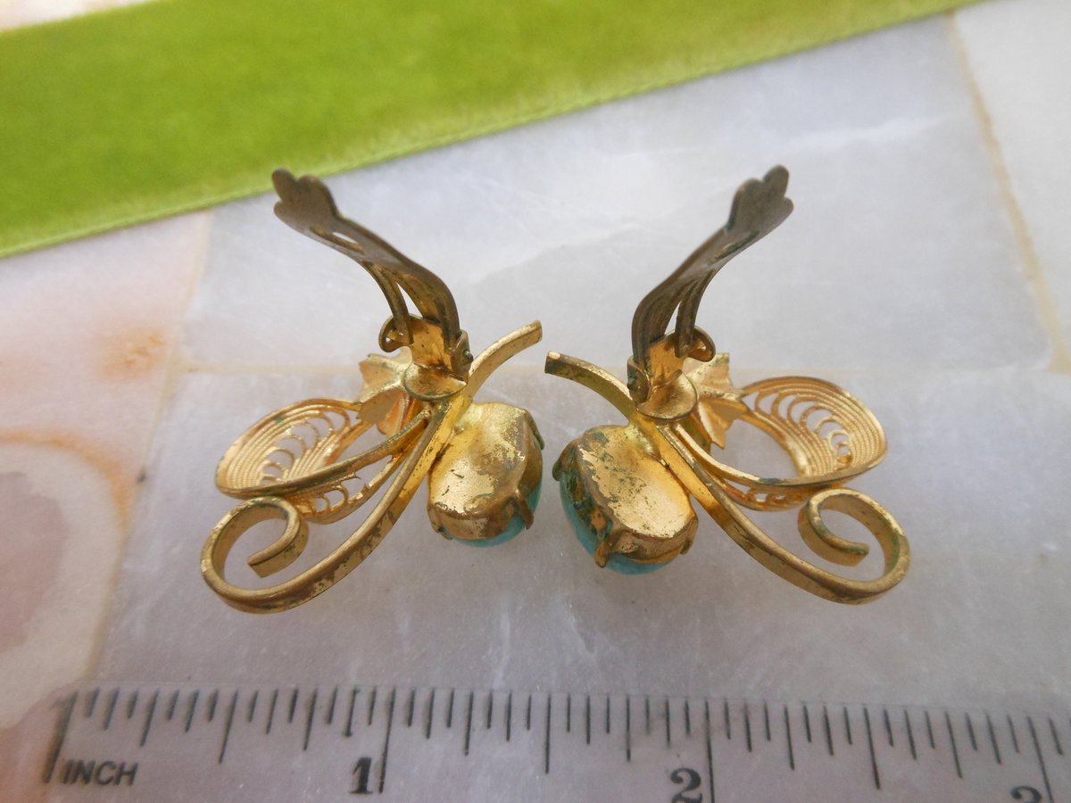 Vintage WEST GERMANY Peking Green Glass Earrings Filigree Pearl Designer Clip On Mid Century Jewelry Gift, VivianJoel.com