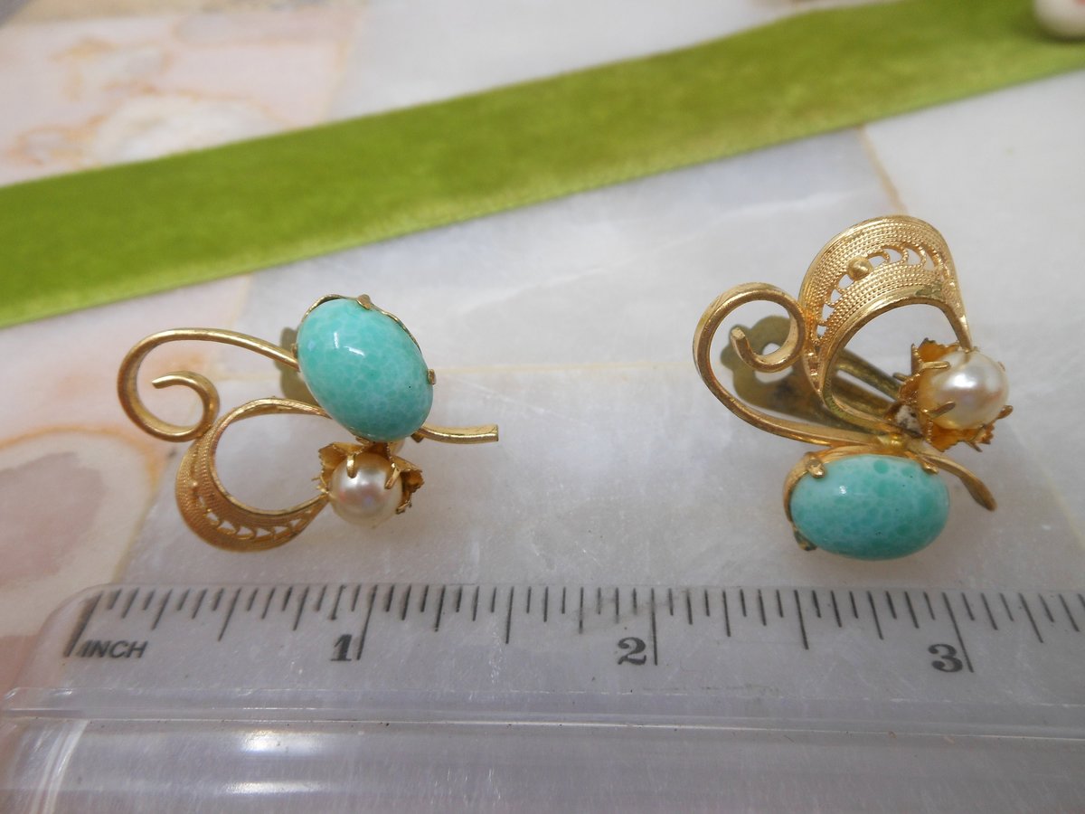 Vintage WEST GERMANY Peking Green Glass Earrings Filigree Pearl Designer Clip On Mid Century Jewelry Gift, VivianJoel.com