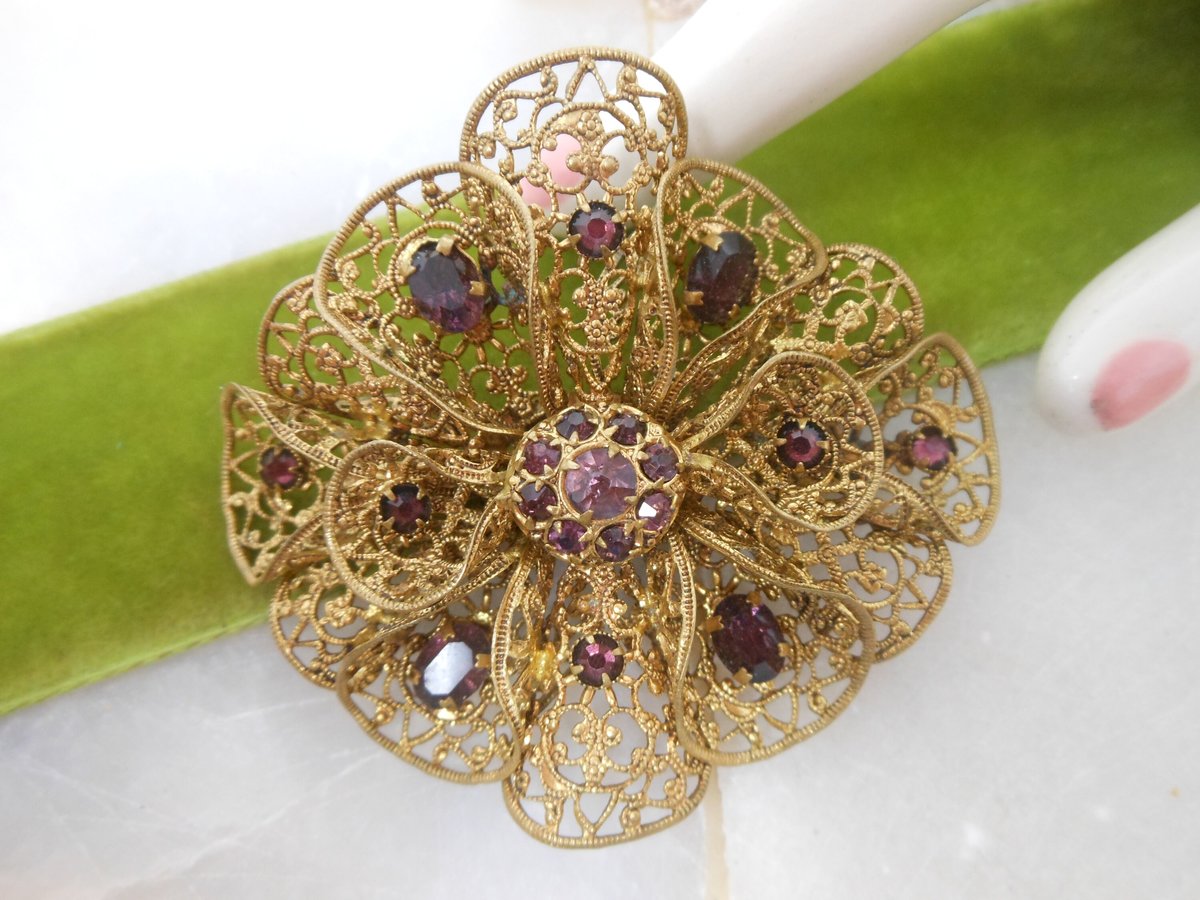 Vintage CZECHOSLOVAKIA Brooch Amethyst Crystal Filigree Pin Flower Art Deco Rhinestone Jewelry Gift Mid Century, VivianJoel.com