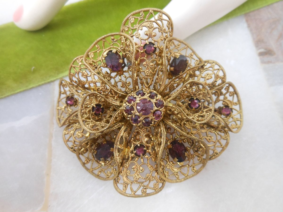 Vintage CZECHOSLOVAKIA Brooch Amethyst Crystal Filigree Pin Flower Art Deco Rhinestone Jewelry Gift Mid Century, VivianJoel.com