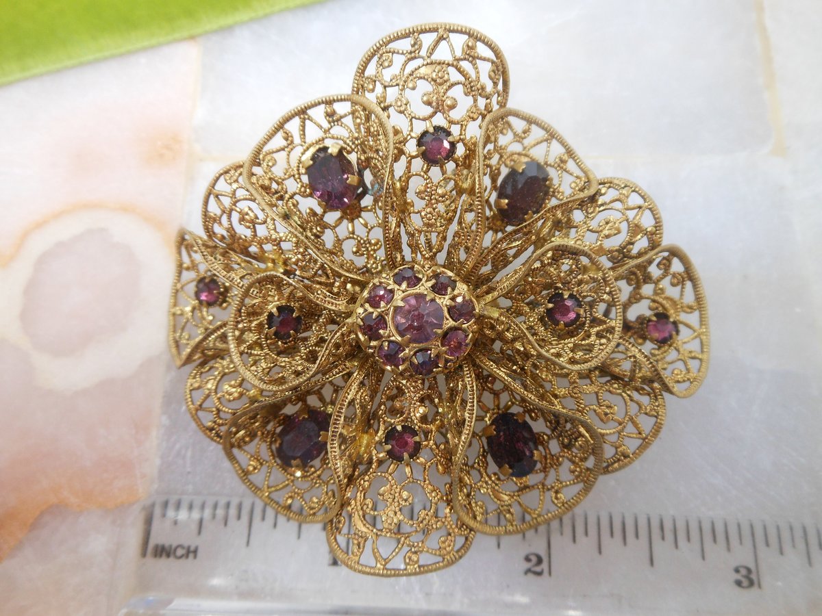 Vintage CZECHOSLOVAKIA Brooch Amethyst Crystal Filigree Pin Flower Art Deco Rhinestone Jewelry Gift Mid Century, VivianJoel.com