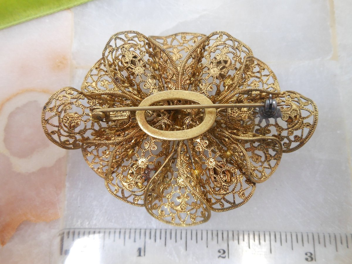 Vintage CZECHOSLOVAKIA Brooch Amethyst Crystal Filigree Pin Flower Art Deco Rhinestone Jewelry Gift Mid Century, VivianJoel.com