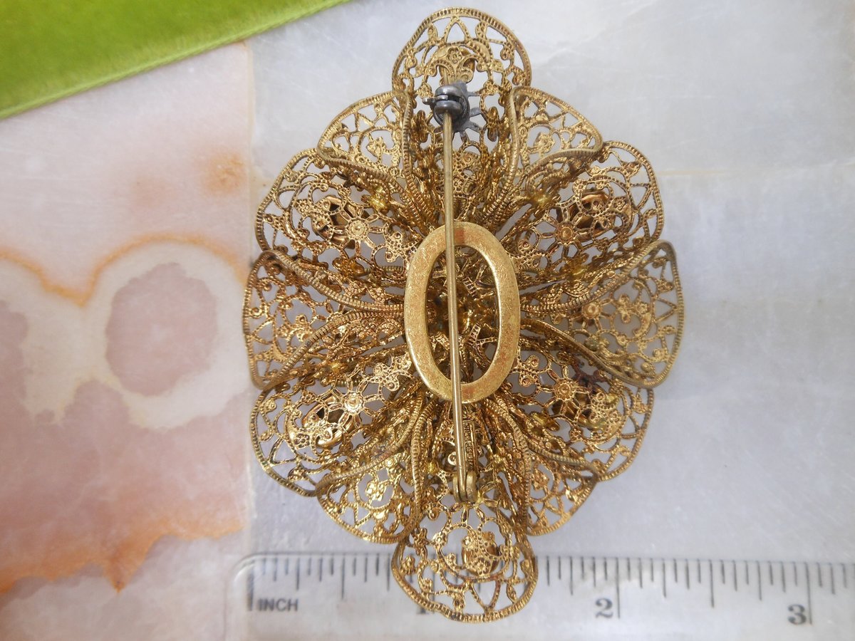 Vintage CZECHOSLOVAKIA Brooch Amethyst Crystal Filigree Pin Flower Art Deco Rhinestone Jewelry Gift Mid Century, VivianJoel.com