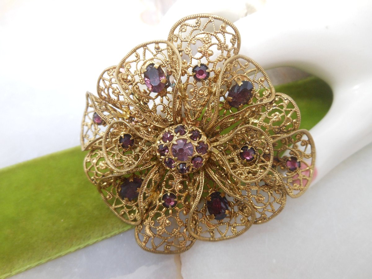 Vintage CZECHOSLOVAKIA Brooch Amethyst Crystal Filigree Pin Flower Art Deco Rhinestone Jewelry Gift Mid Century, VivianJoel.com