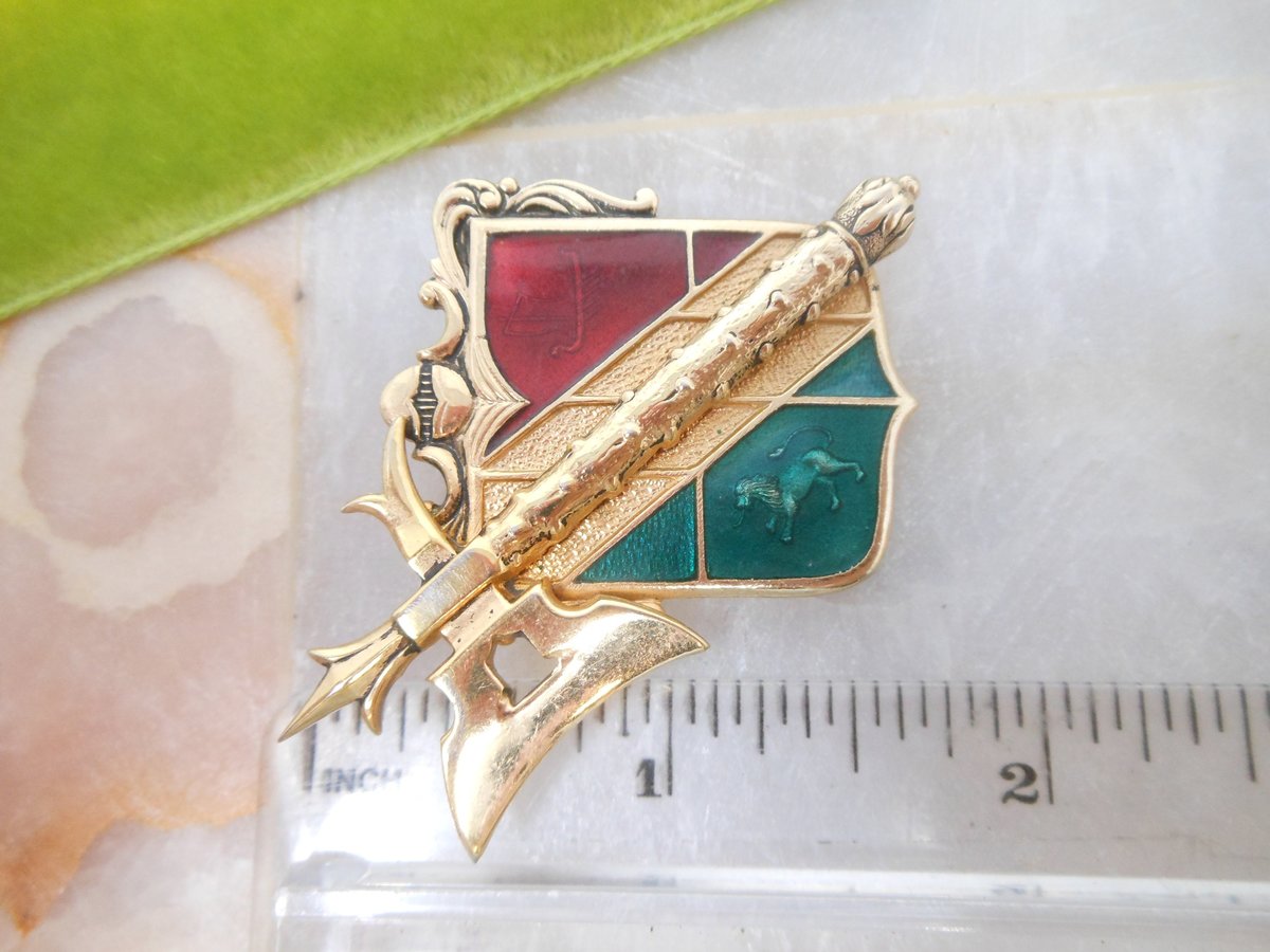 Vintage Heraldic Shield Pin Enamel Brooch Ornate Griffin Lion Ship Axe Victorian Revival Coat of Arms Jewelry Mid Century, VivianJoel.com