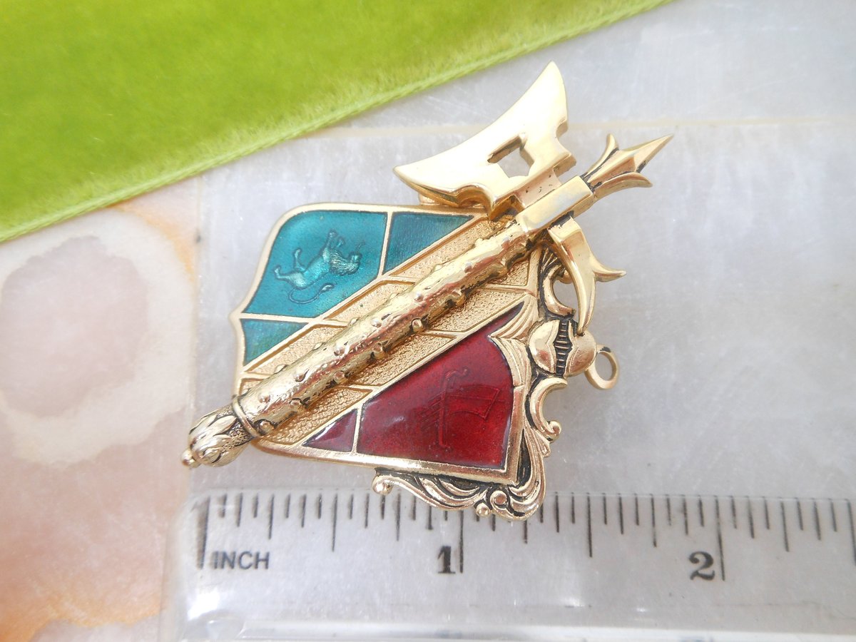 Vintage Heraldic Shield Pin Enamel Brooch Ornate Griffin Lion Ship Axe Victorian Revival Coat of Arms Jewelry Mid Century, VivianJoel.com