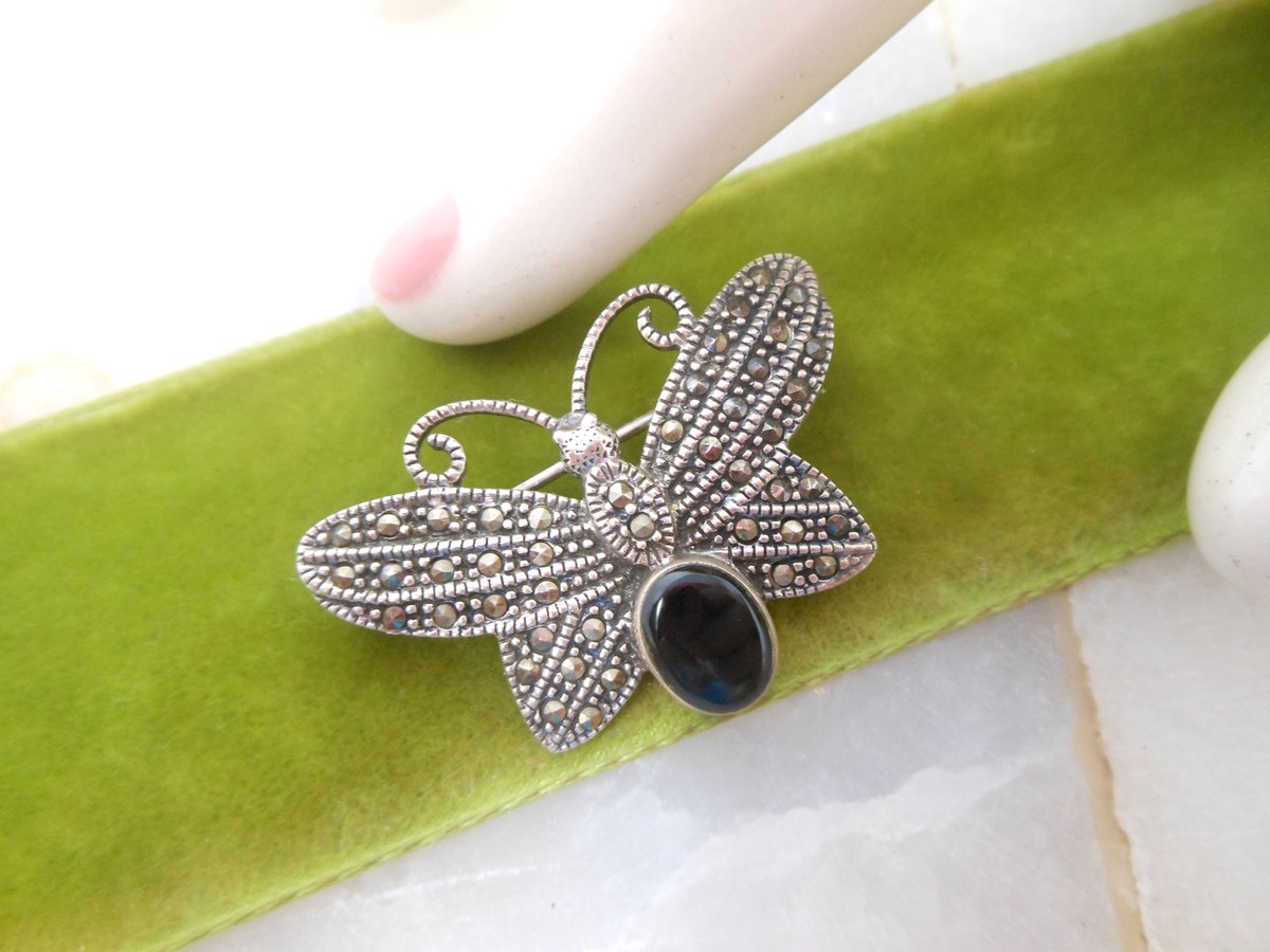 Vintage STERLING SILVER Marcasite Pin Brooch Butterfly Onyx Insect Bug 925 A Designer Jewelry Gift Mid Century, VivianJoel.com