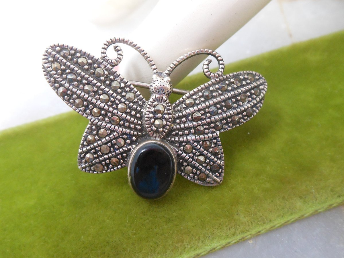 Vintage STERLING SILVER Marcasite Pin Brooch Butterfly Onyx Insect Bug 925 A Designer Jewelry Gift Mid Century, VivianJoel.com