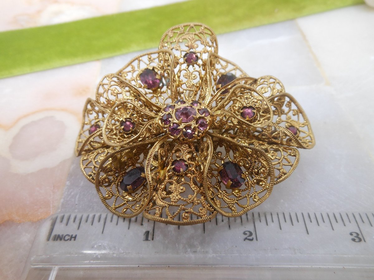 Vintage CZECHOSLOVAKIA Brooch Amethyst Crystal Filigree Pin Flower Art Deco Rhinestone Jewelry Gift Mid Century, VivianJoel.com