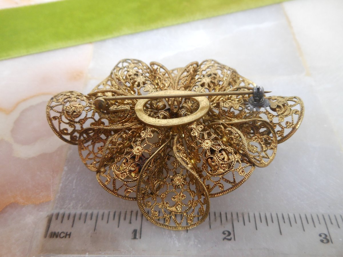 Vintage CZECHOSLOVAKIA Brooch Amethyst Crystal Filigree Pin Flower Art Deco Rhinestone Jewelry Gift Mid Century, VivianJoel.com