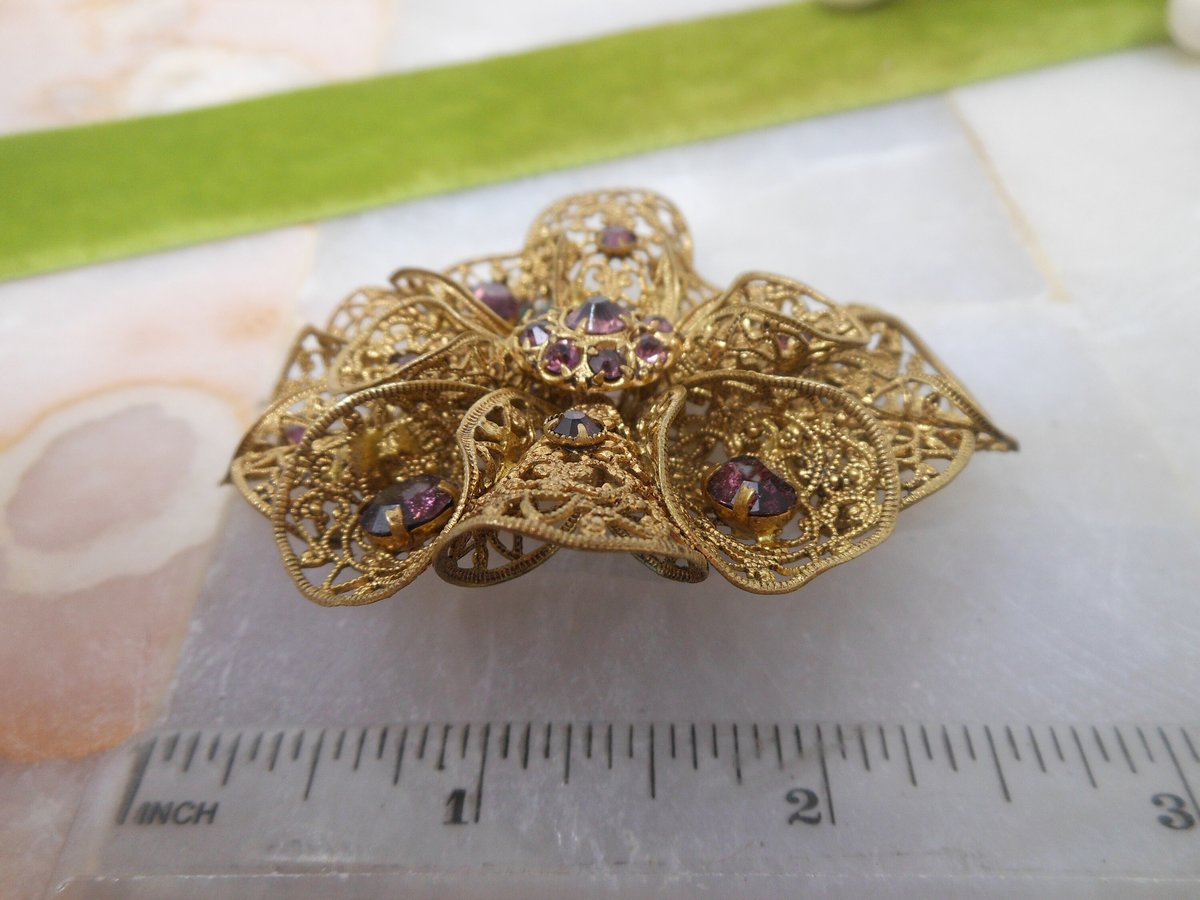 Vintage CZECHOSLOVAKIA Brooch Amethyst Crystal Filigree Pin Flower Art Deco Rhinestone Jewelry Gift Mid Century, VivianJoel.com