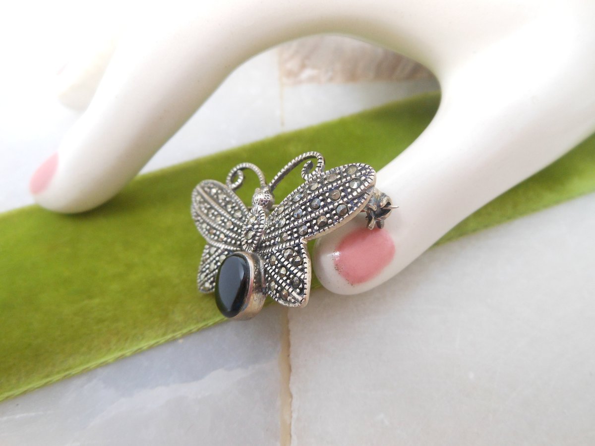 Vintage STERLING SILVER Marcasite Pin Brooch Butterfly Onyx Insect Bug 925 A Designer Jewelry Gift Mid Century, VivianJoel.com