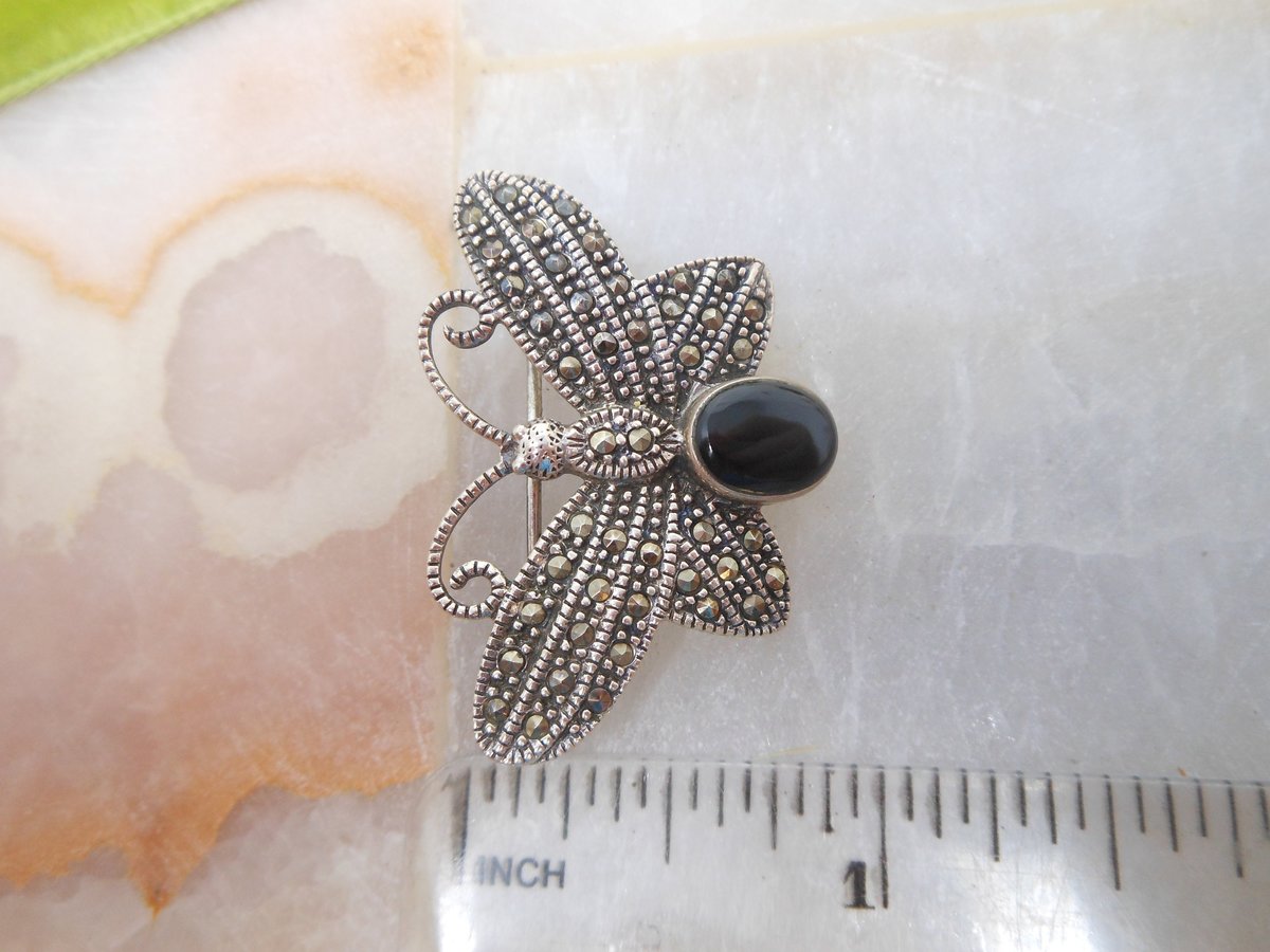 Vintage STERLING SILVER Marcasite Pin Brooch Butterfly Onyx Insect Bug 925 A Designer Jewelry Gift Mid Century, VivianJoel.com