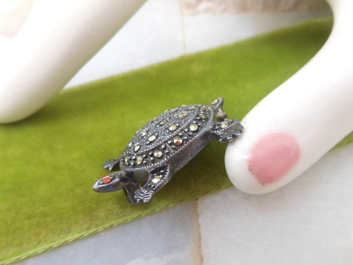 Vintage STERLING SILVER Marcasite Pin Brooch Turtle Reptile 925 A Designer Figural Jewelry Gift Mid Century, VivianJoel.com
