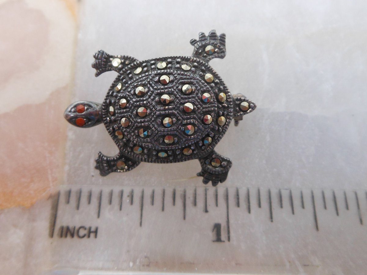 Vintage STERLING SILVER Marcasite Pin Brooch Turtle Reptile 925 A Designer Figural Jewelry Gift Mid Century, VivianJoel.com