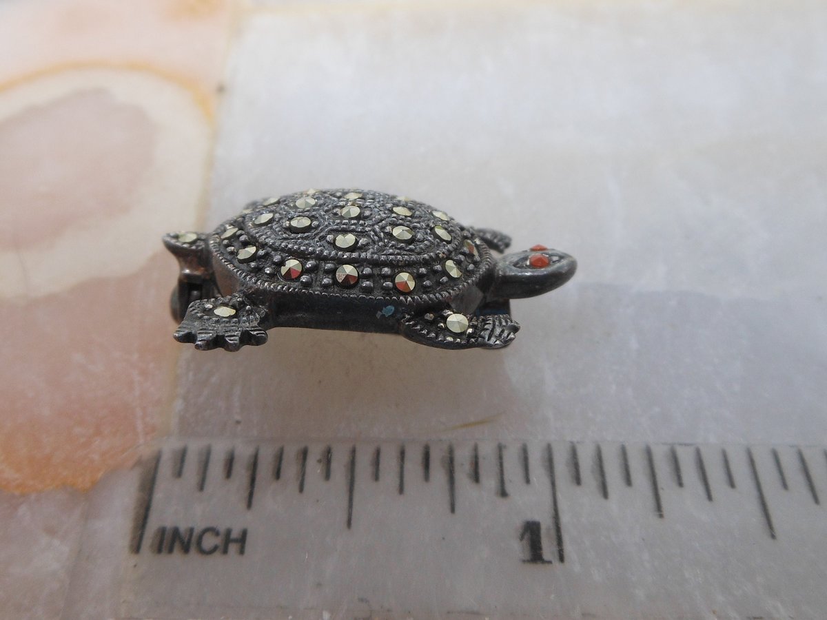 Vintage STERLING SILVER Marcasite Pin Brooch Turtle Reptile 925 A Designer Figural Jewelry Gift Mid Century, VivianJoel.com