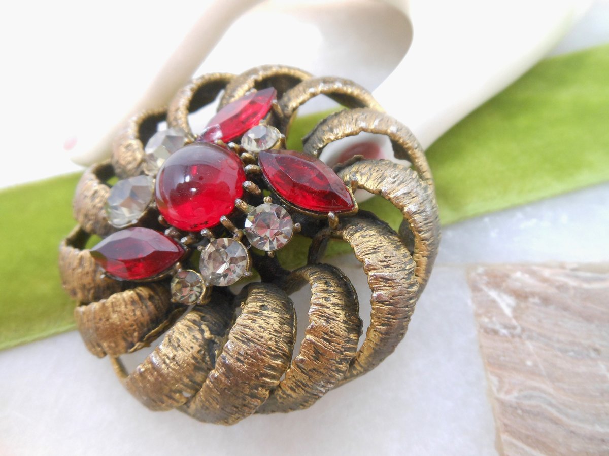 Vintage Big BSK Designer Brooch Red Rhinestone Flower Pin Pendant Pinwheel Chunky Brutalist Jewelry Mid Century, VivianJoel.com