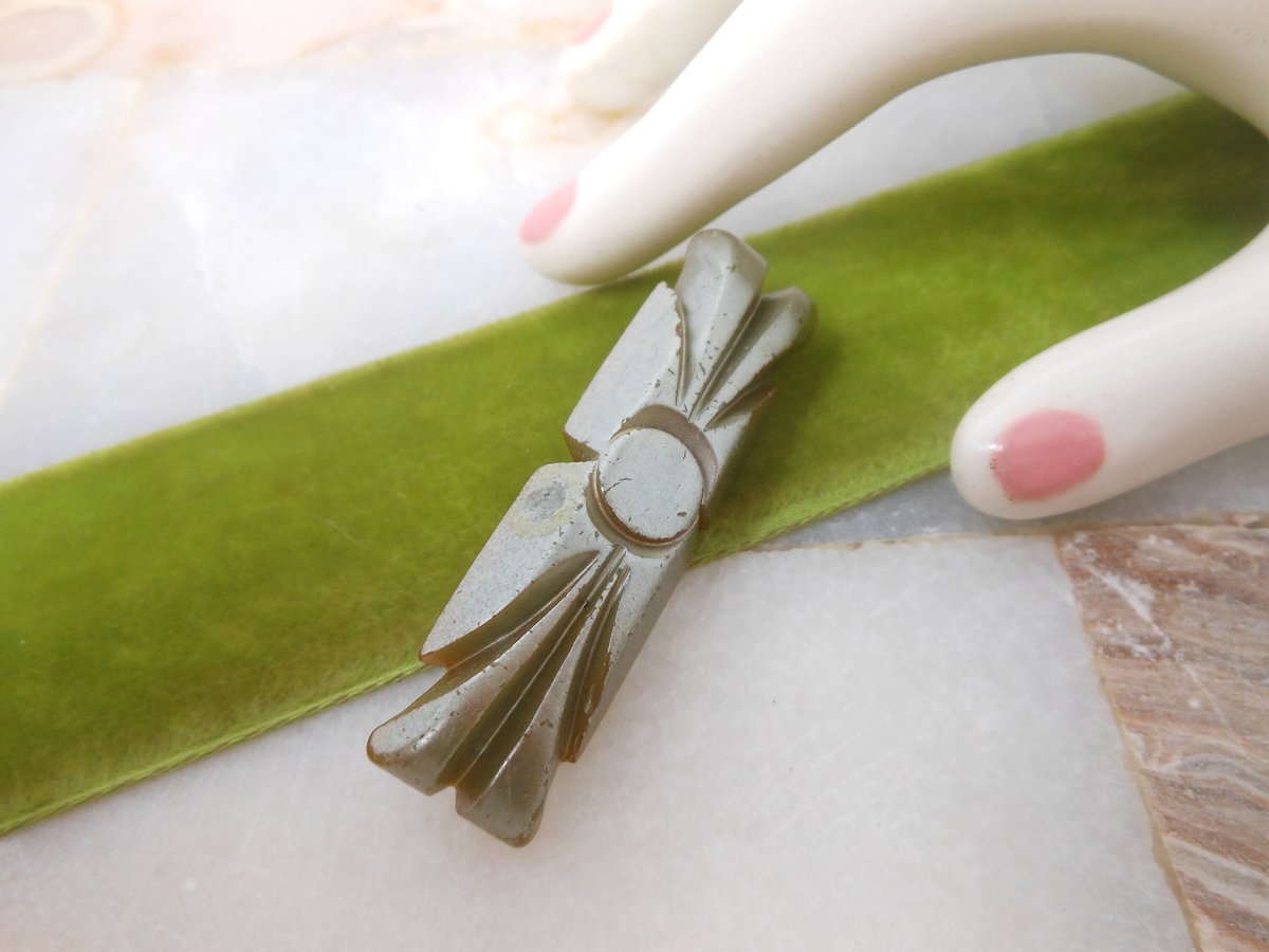 Vintage BAKELITE Carved Brooch Art Deco Bar Pin Green Tested Old Plastic Jewelry Mid Century Gift, VivianJoel.com