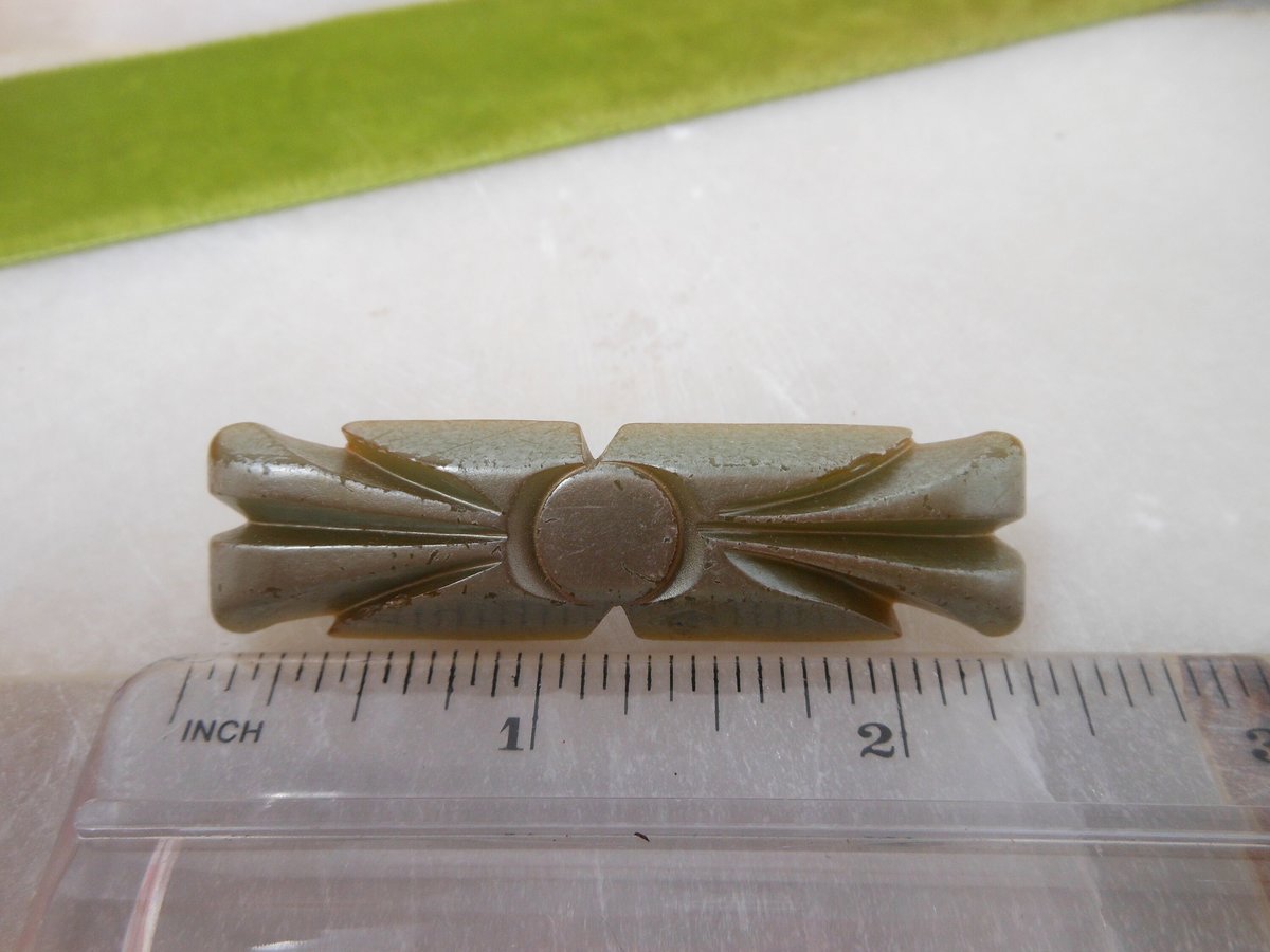 Vintage BAKELITE Carved Brooch Art Deco Bar Pin Green Tested Old Plastic Jewelry Mid Century Gift, VivianJoel.com