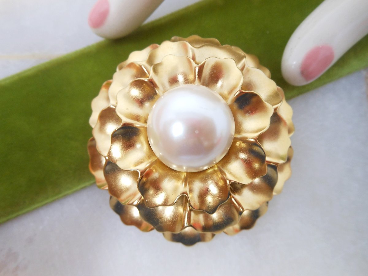 Vintage MONET Brooch Domed Flower Pin Faux Pearl Chunky Statement Designer Mid Century Classic Jewelry Gift, VivianJoel.com