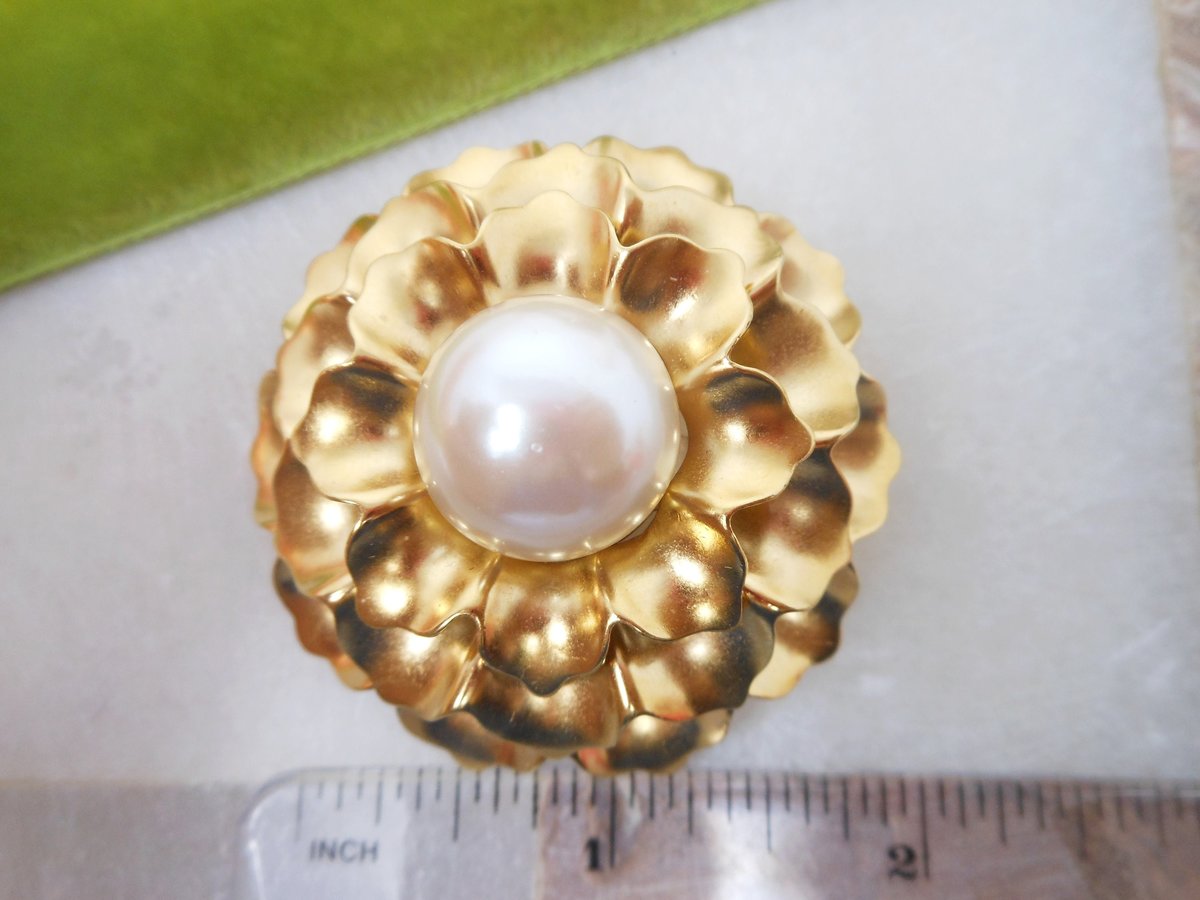 Vintage MONET Brooch Domed Flower Pin Faux Pearl Chunky Statement Designer Mid Century Classic Jewelry Gift, VivianJoel.com