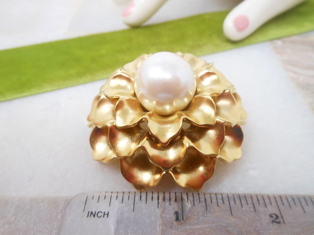 Vintage MONET Brooch Domed Flower Pin Faux Pearl Chunky Statement Designer Mid Century Classic Jewelry Gift, VivianJoel.com