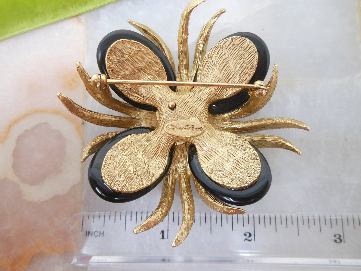 Vintage OSCAR De La RENTA Maltese Cross Pin Brooch Chunky Black Glass Gold Plate Statement Runway Mid Century Jewelry Gift, VivianJoel.com