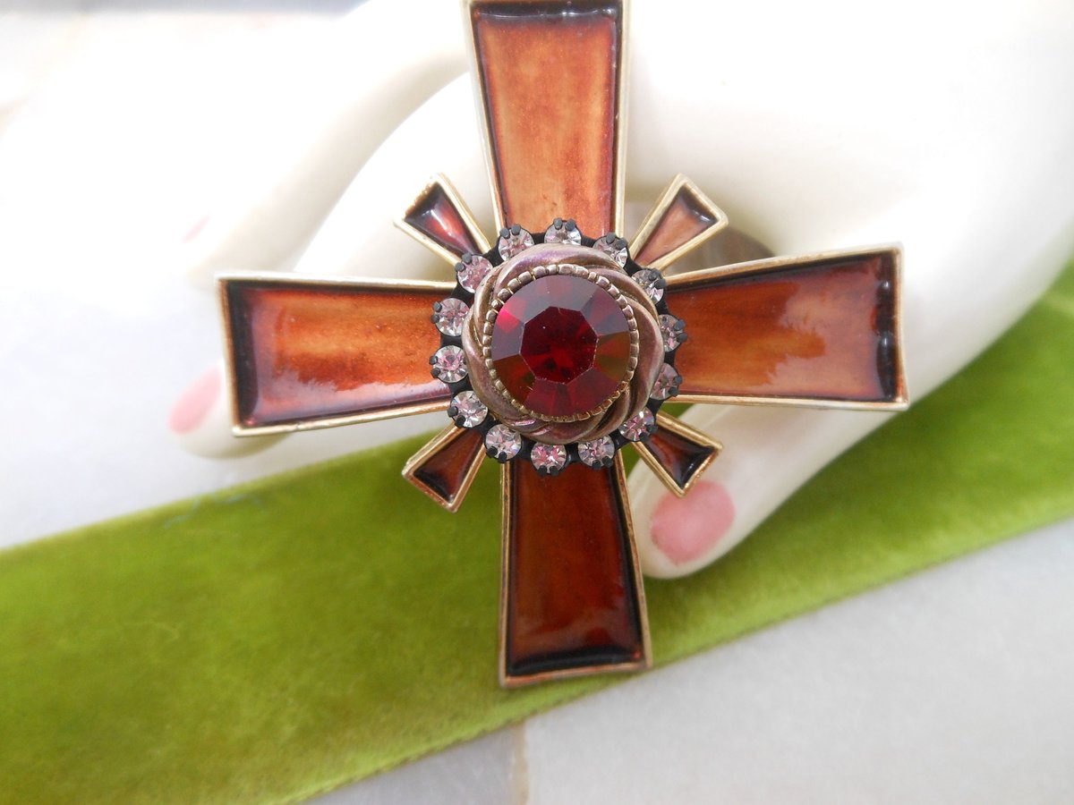 Vintage HAR Brooch Maltese Cross Pin Enamel Crystal Rhinestone Designer Runway Jewelry Gift Mid Century, VivianJoel.com