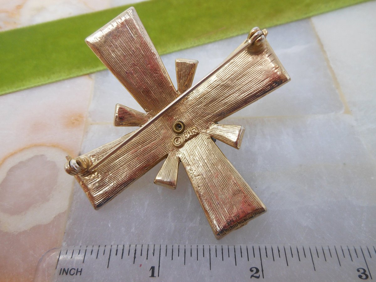 Vintage HAR Brooch Maltese Cross Pin Enamel Crystal Rhinestone Designer Runway Jewelry Gift Mid Century, VivianJoel.com
