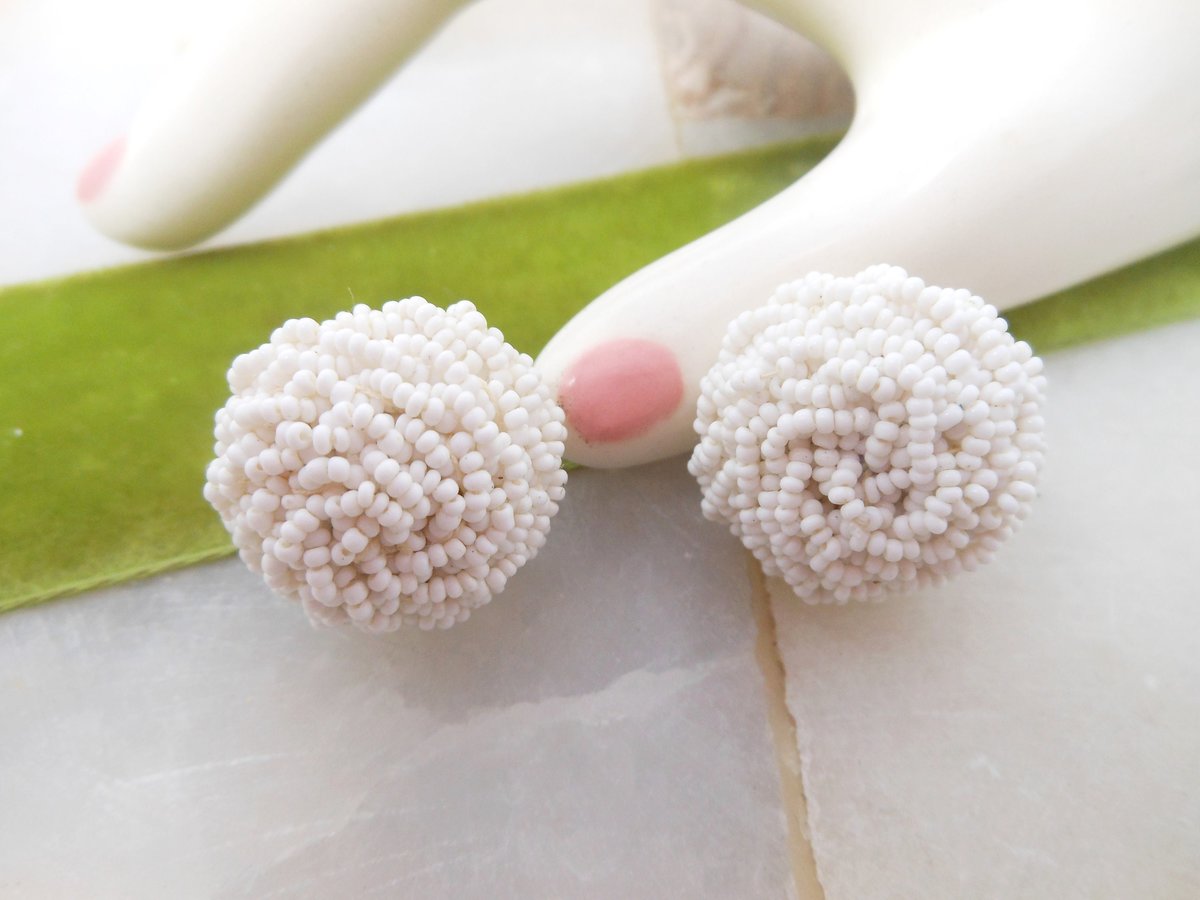 Vintage Snowball White Earrings Tiny Milk Glass Seed Bead Dome Cluster Flower Wedding Screw Back Mid Century, VivianJoel.com