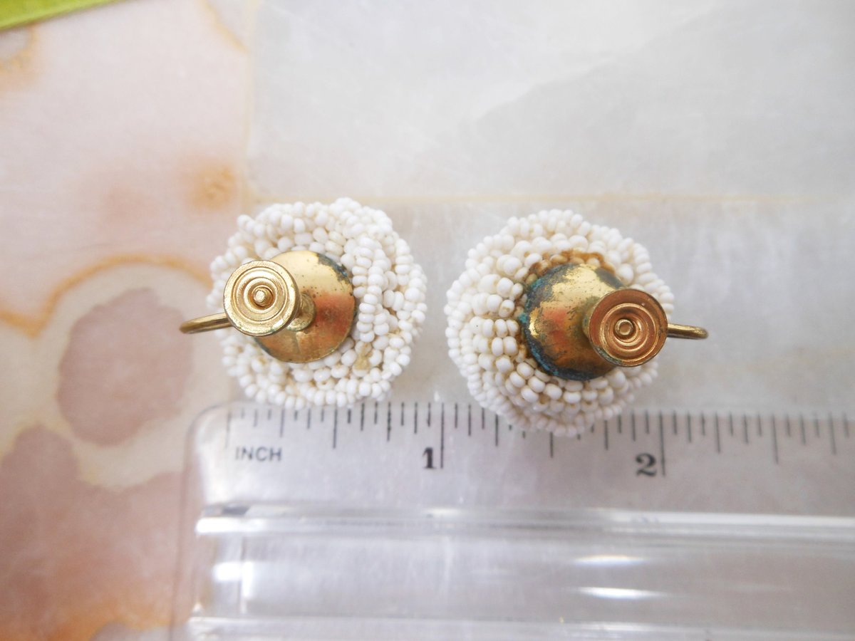 Vintage Snowball White Earrings Tiny Milk Glass Seed Bead Dome Cluster Flower Wedding Screw Back Mid Century, VivianJoel.com