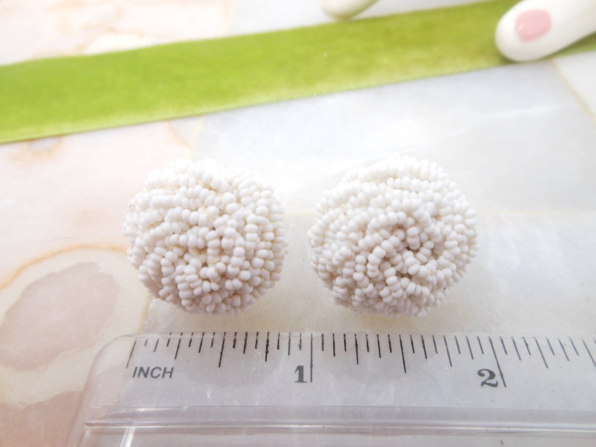Vintage Snowball White Earrings Tiny Milk Glass Seed Bead Dome Cluster Flower Wedding Screw Back Mid Century, VivianJoel.com