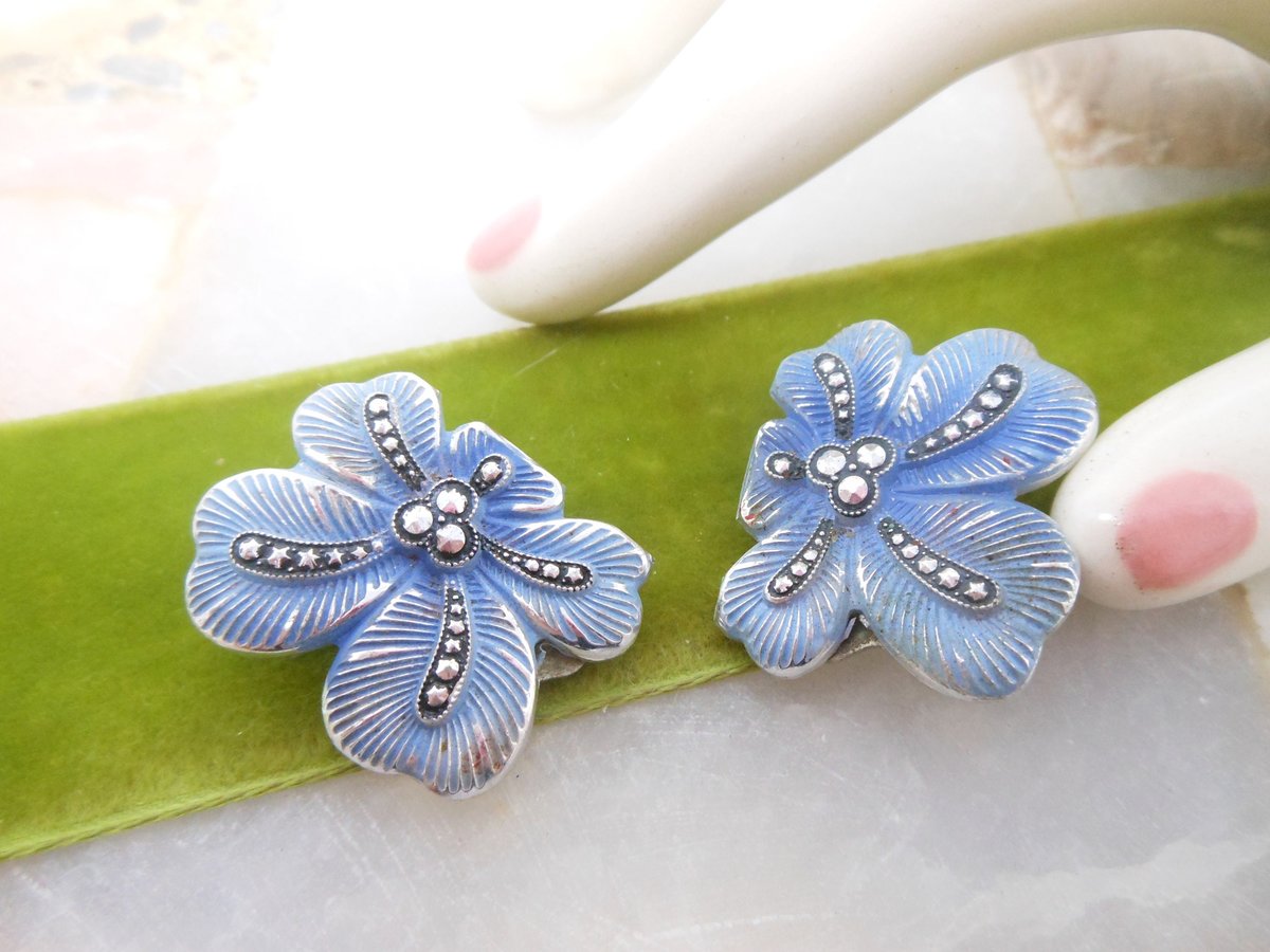 Vintage WEST GERMANY Earrings Clip On Aluminum Lightweight Enamel Faux Marcasite Mid Century Designer Something Blue, VivianJoel.com