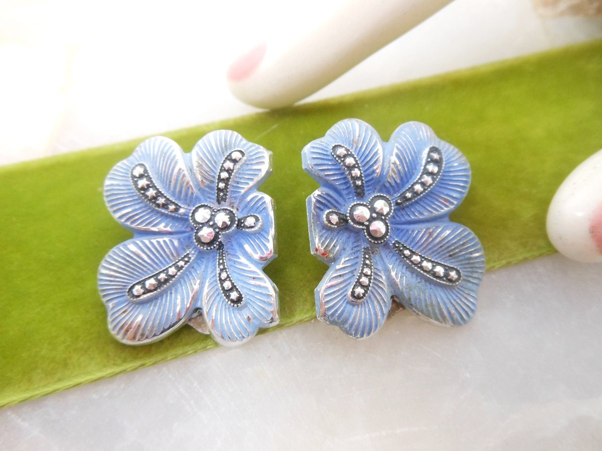 Vintage WEST GERMANY Earrings Clip On Aluminum Lightweight Enamel Faux Marcasite Mid Century Designer Something Blue, VivianJoel.com