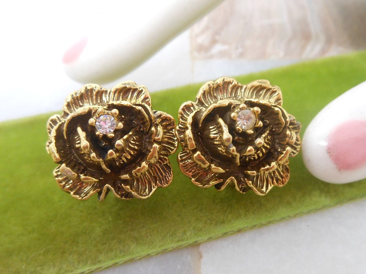 Vintage GOLDETTE Earrings Rose Flower Rhinestone Ornate Victorian Revival Clip On Designer Jewelry Mid Century Gift, VivianJoel.com