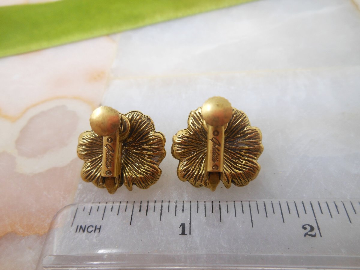 Vintage GOLDETTE Earrings Rose Flower Rhinestone Ornate Victorian Revival Clip On Designer Jewelry Mid Century Gift, VivianJoel.com