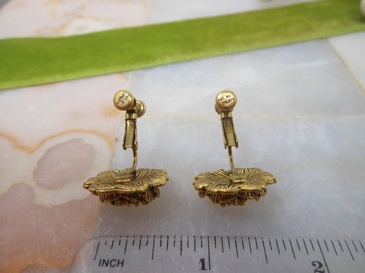 Vintage GOLDETTE Earrings Rose Flower Rhinestone Ornate Victorian Revival Clip On Designer Jewelry Mid Century Gift, VivianJoel.com