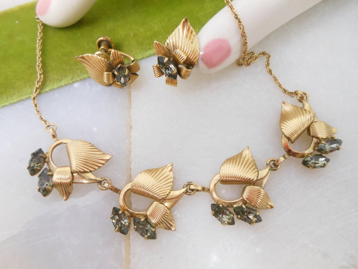 Vintage CURTIS CREATIONS Necklace Earrings Set Rhinestone Crystal Gold Fill GF Demi Parure Designer Mid Century Jewelry, VivianJoel.com