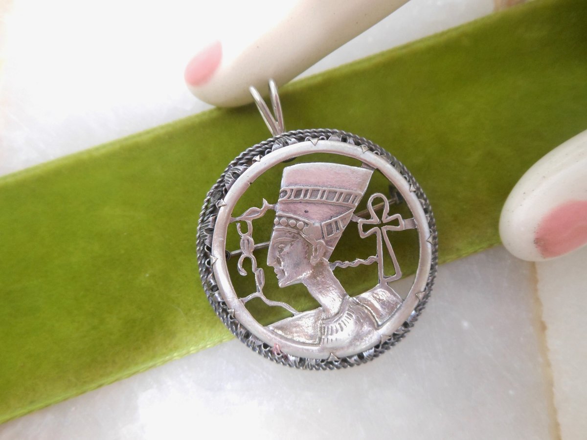 Vintage STERLING SILVER Nefertiti Brooch Pendant Egyptian Revival Pin Mid Century Ankh Jewelry Gift, VivianJoel.com