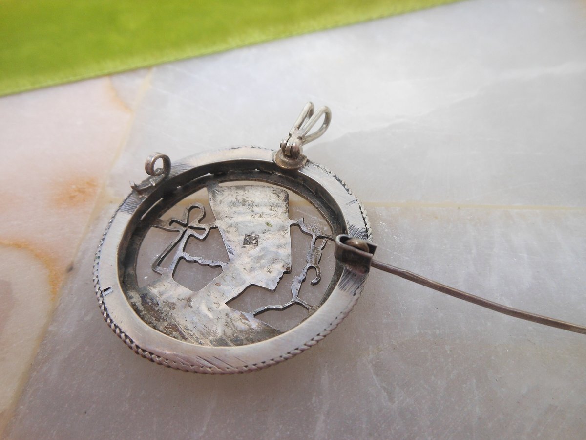 Vintage STERLING SILVER Nefertiti Brooch Pendant Egyptian Revival Pin Mid Century Ankh Jewelry Gift, VivianJoel.com