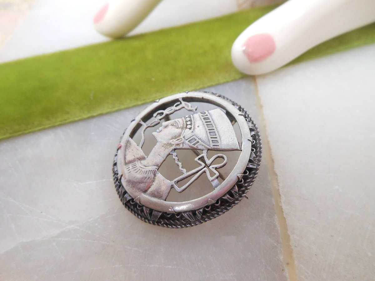 Vintage STERLING SILVER Nefertiti Brooch Pendant Egyptian Revival Pin Mid Century Ankh Jewelry Gift, VivianJoel.com