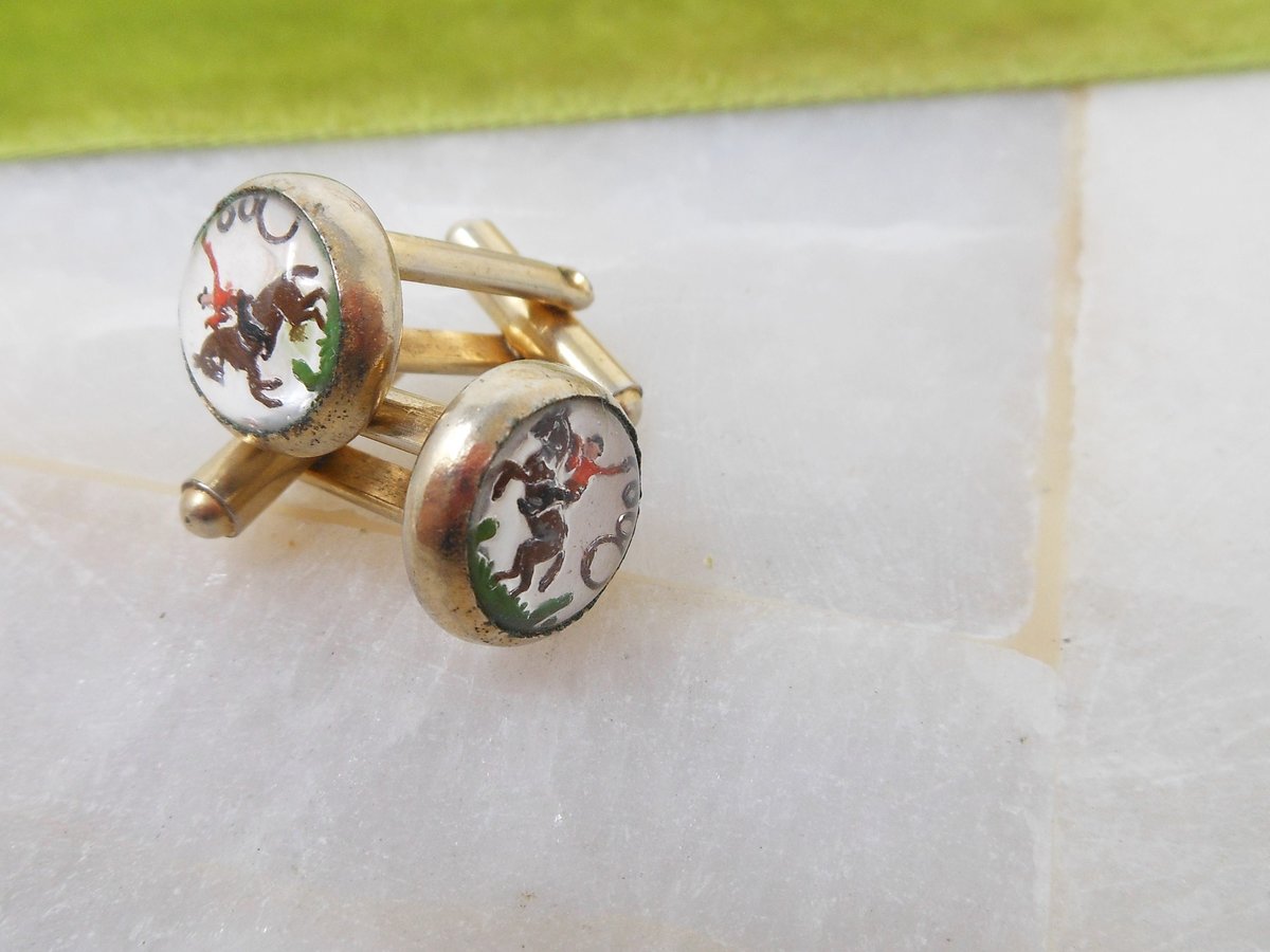 Vintage Cufflinks Bubble Glass Reverse Carved Cowboy Rodeo Cuff Link Groom Best Man Jewelry Gift Mid Century, VivianJoel.com